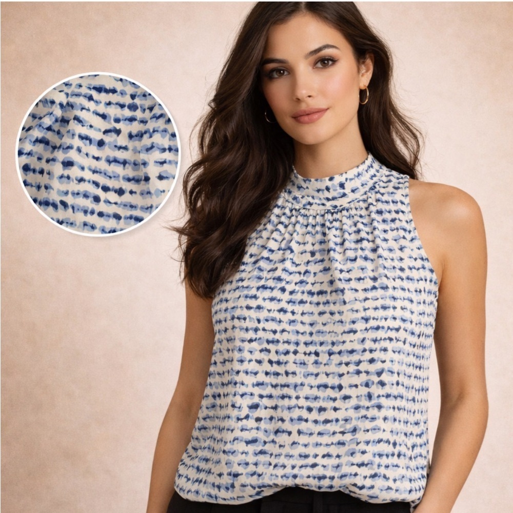 Coldwater Creek Blue Abstract Print Sleeveless Blouse | Size Small 8 | Mock Neck